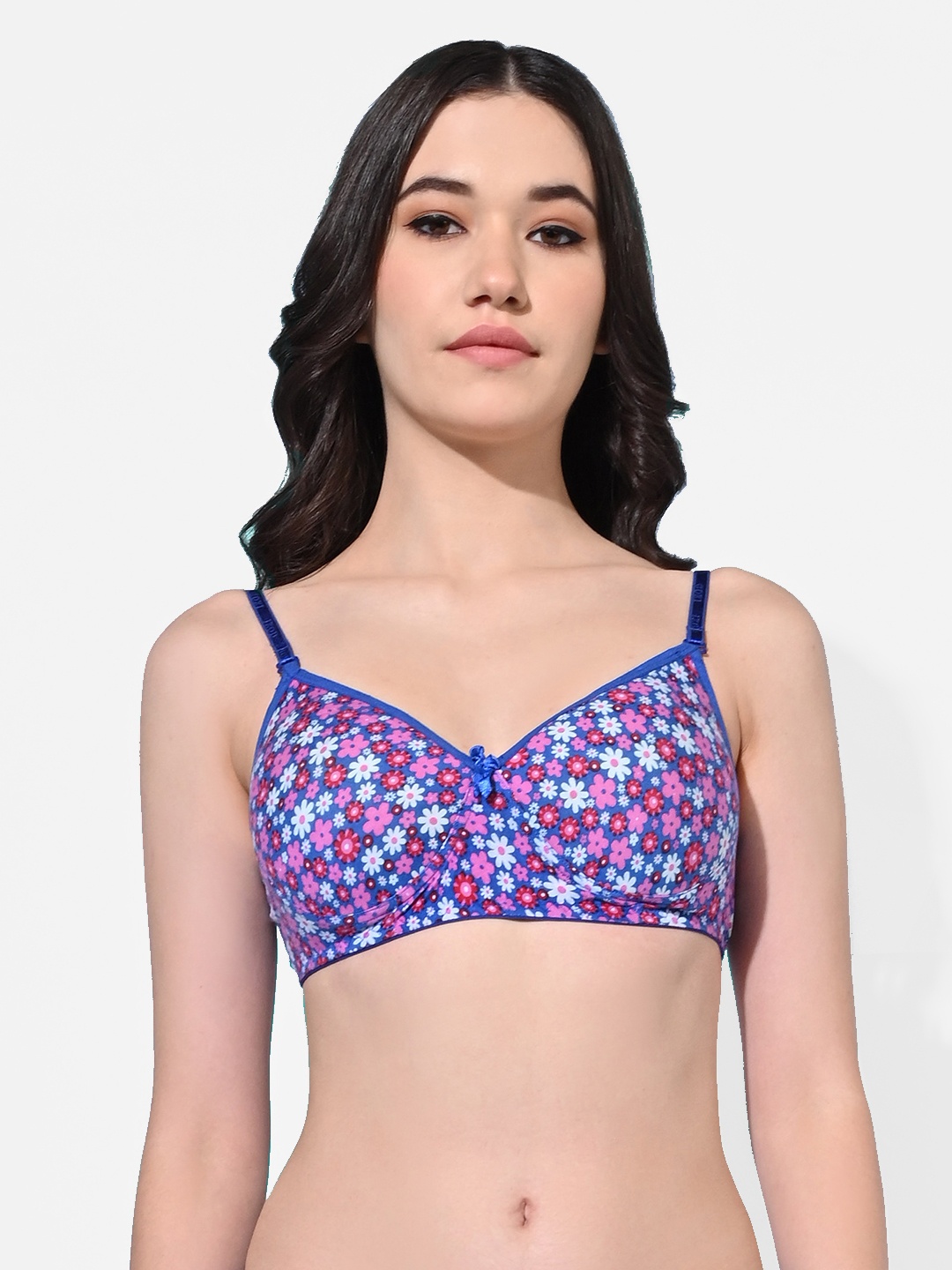 

FIMS Floral Printed Full Coverage Lightly Padded Cotton Everyday Bra All Day Comfort, Blue