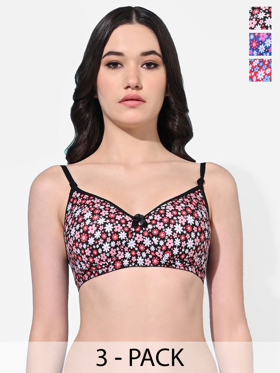 

FIMS Pack Of 3 Floral Printed Lightly Padded Everyday Bras All Day Comfort, Black