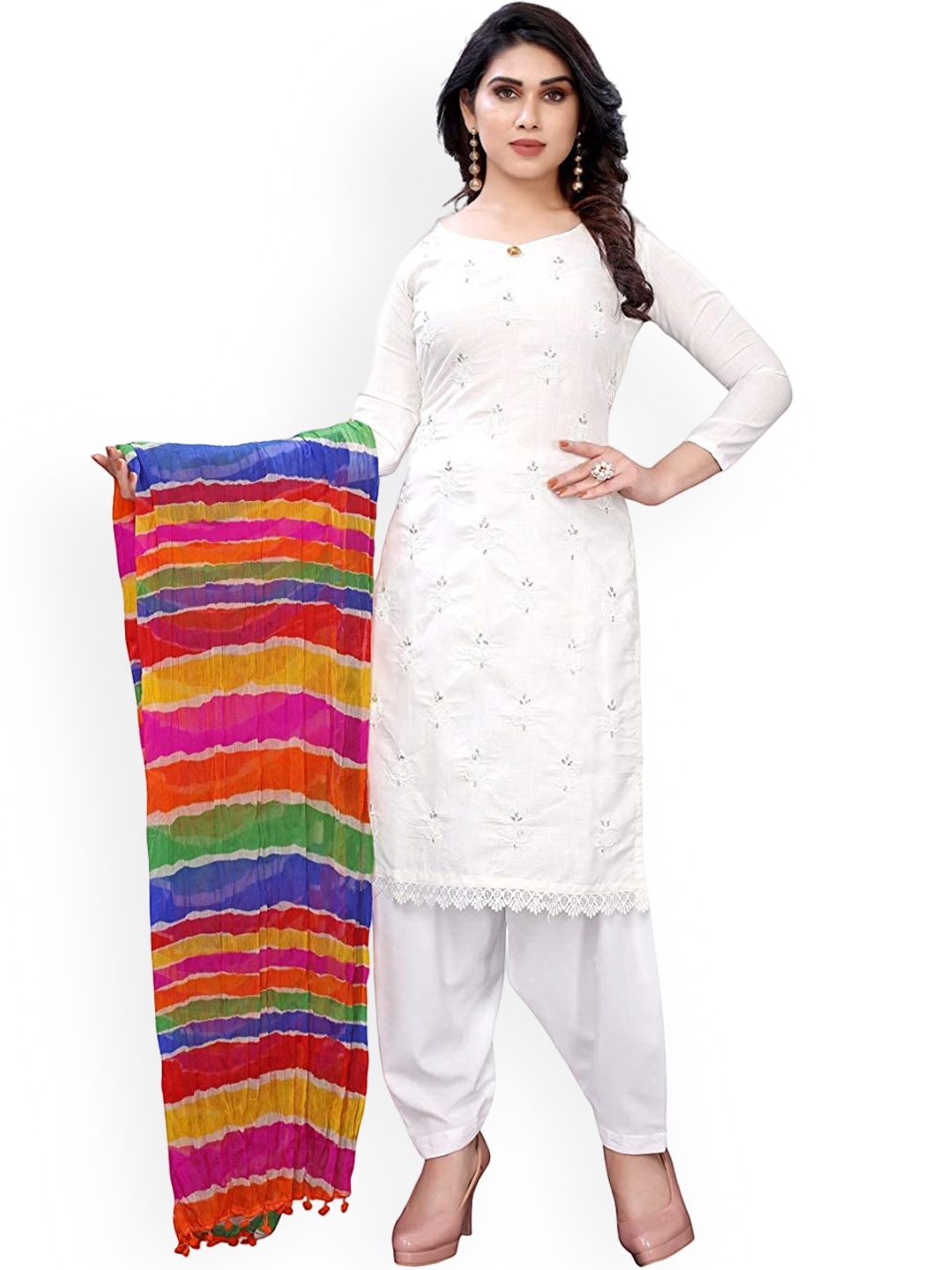 

PERFECTBLUE Floral Embroidered Sequinned Detail Regular Kurti & Salwar With Dupatta, White