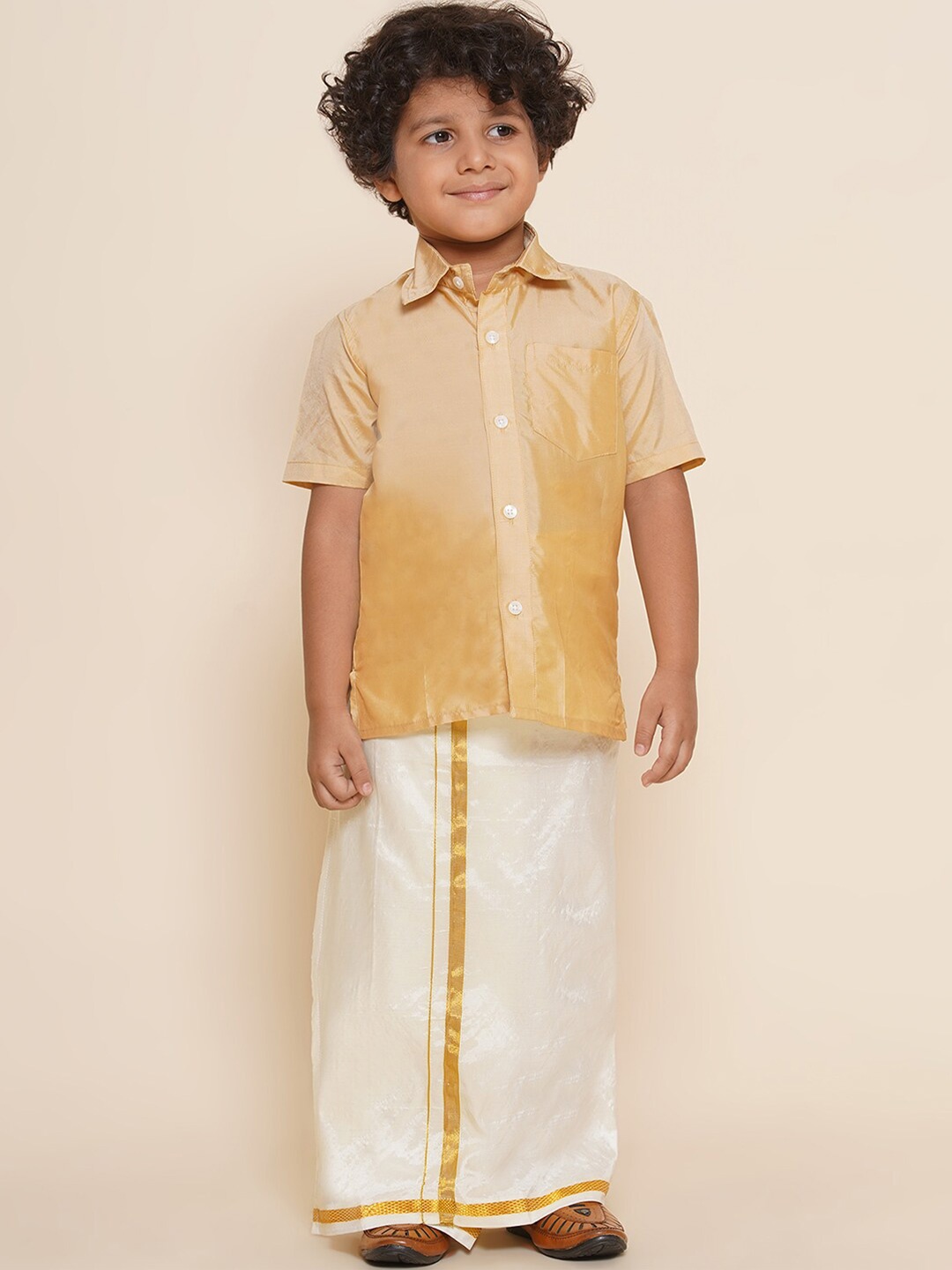 

Sethukrishna Boys Shirt Collar Shirt and Dhoti, Beige