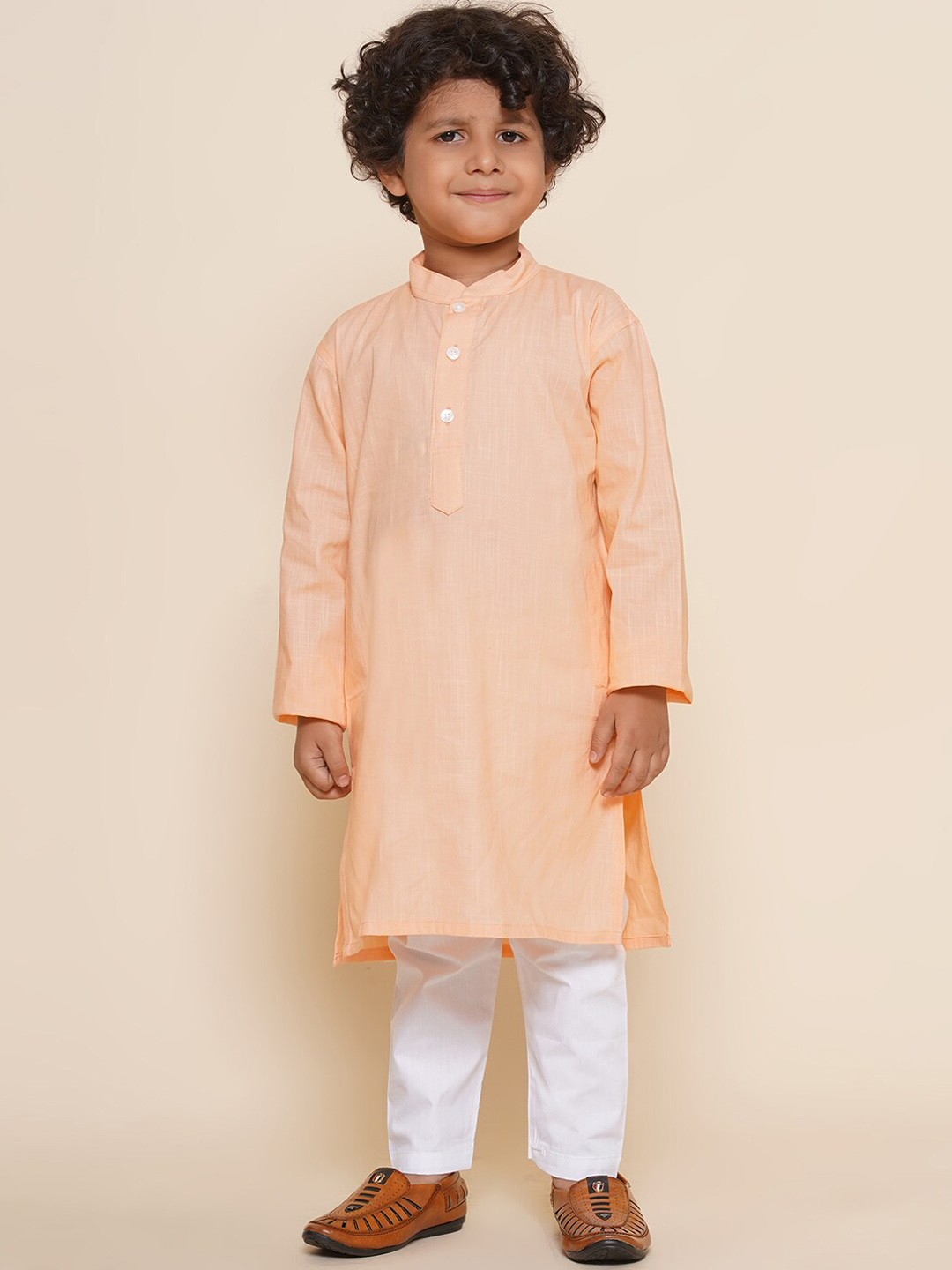 

Sethukrishna Boys Mandarin Collar Long Sleeves Pure Cotton Kurta with Pyjamas, Orange