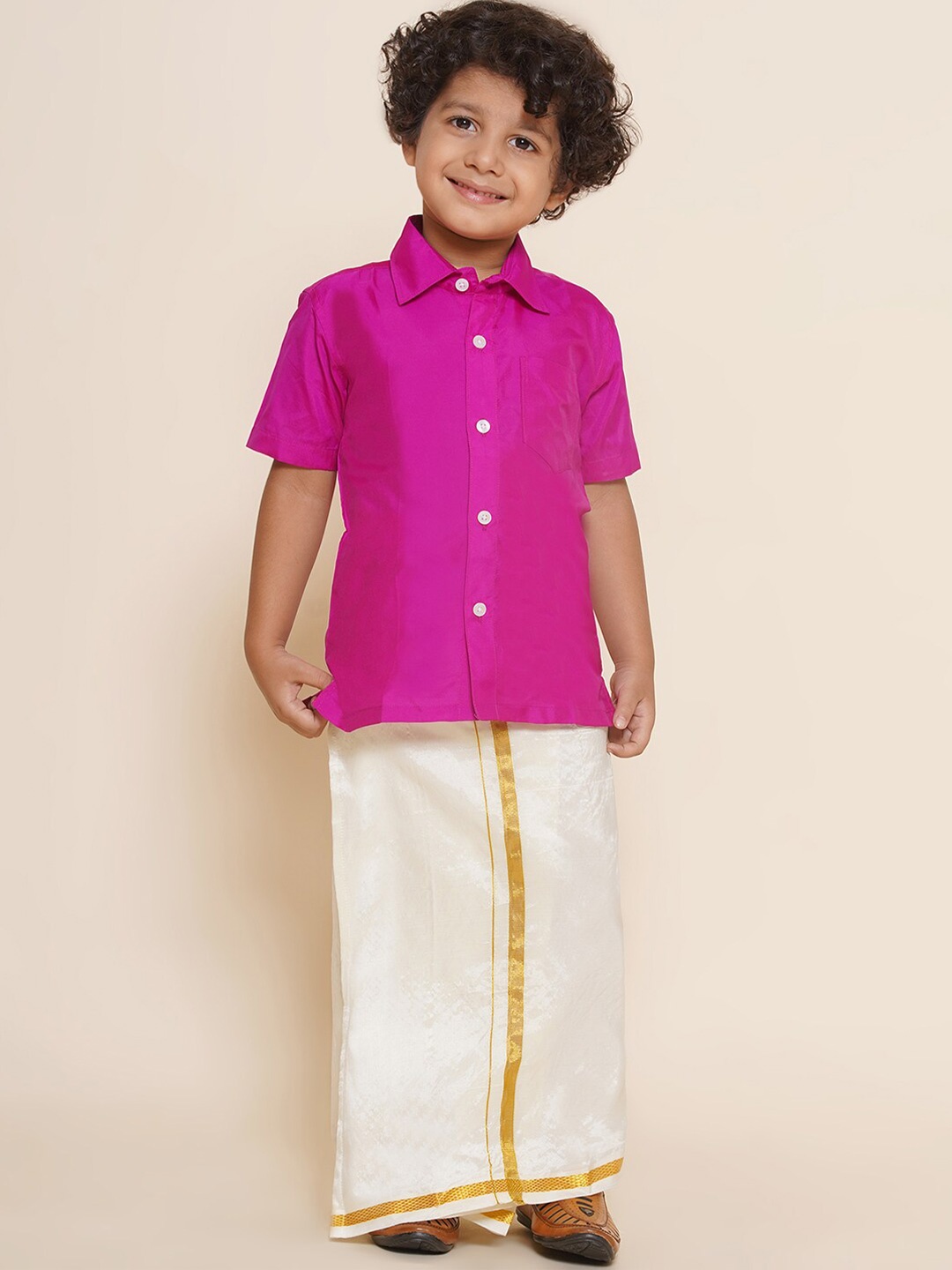 

Sethukrishna Boys Shirt Collar Shirt and Veshti, Pink