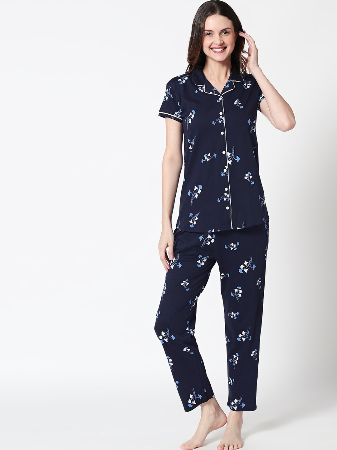 

Zeyo Floral Printed Pure Cotton Shirt & Pyjama Night suit, Navy blue