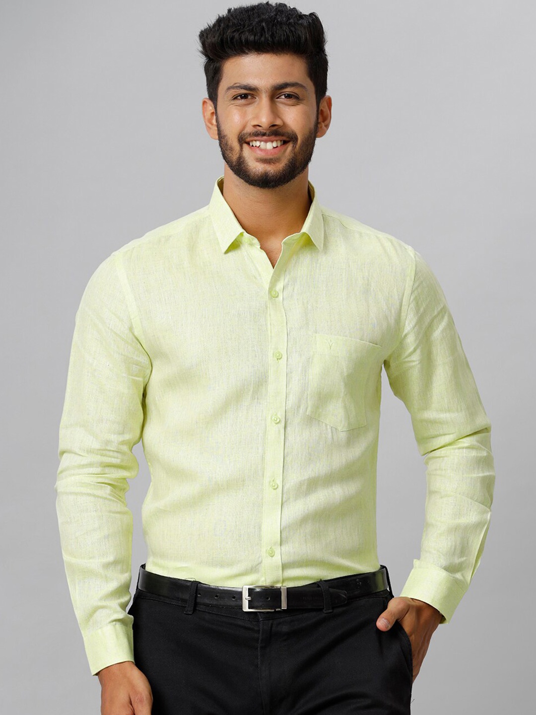 

Ramraj Tailored Fit Linen Formal Shirt, Green
