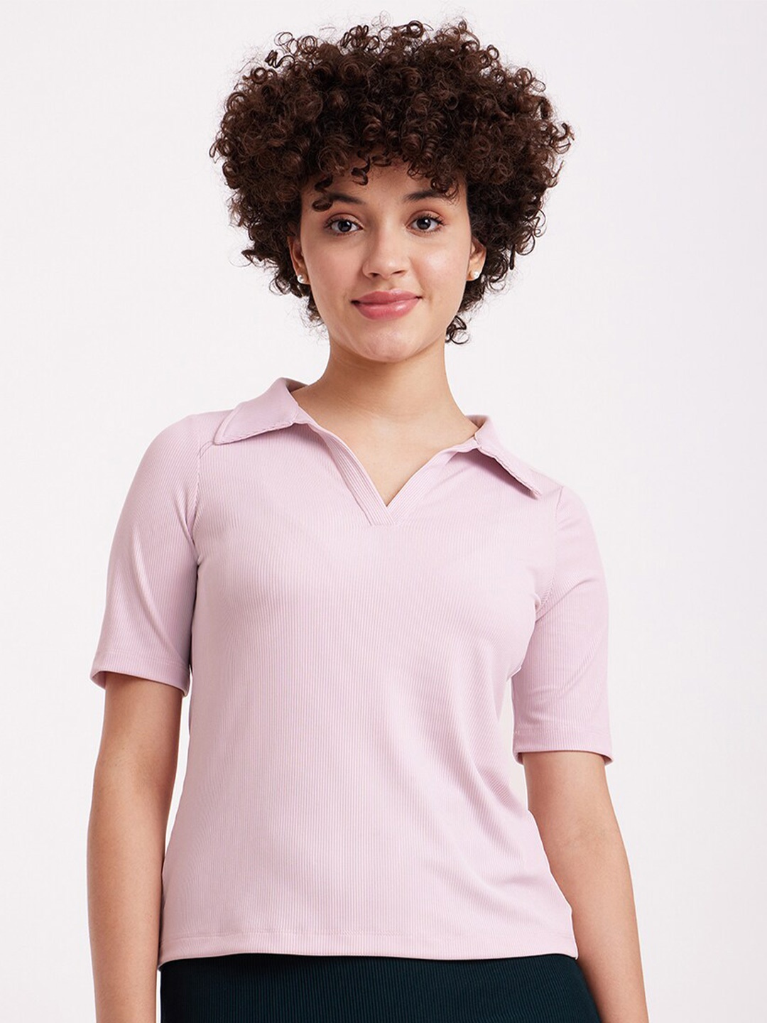 

FableStreet Shirt Collar Regular Knit Top, Pink