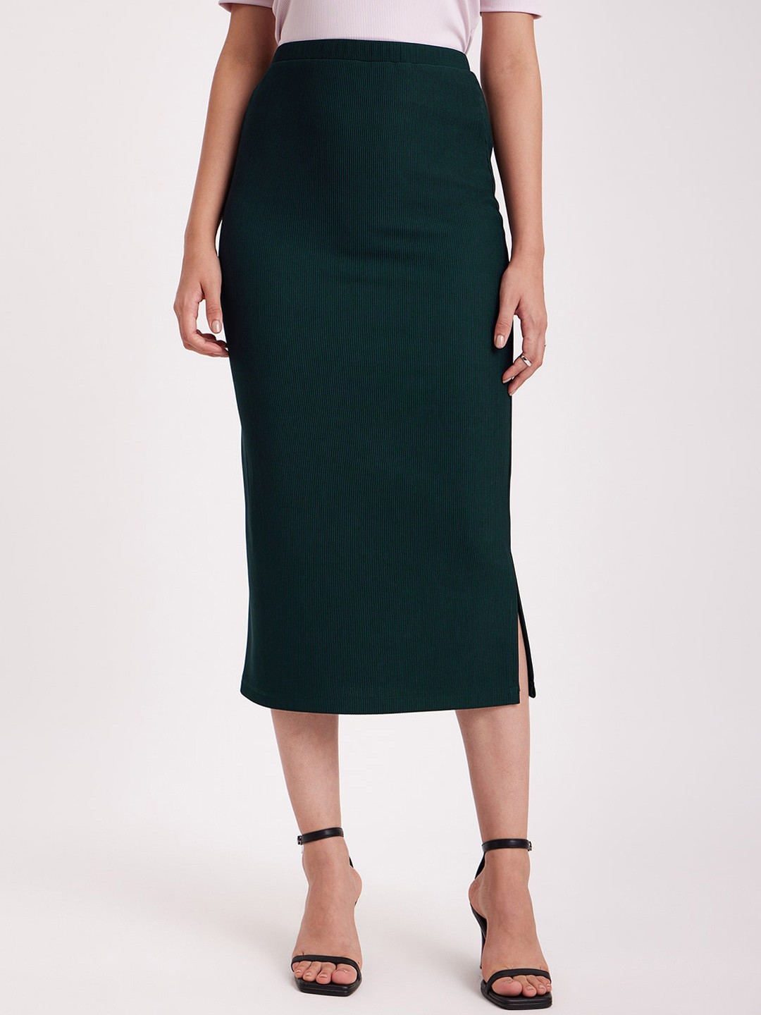 

FableStreet Rib Knit Breathable Midi Pencil Skirt, Green