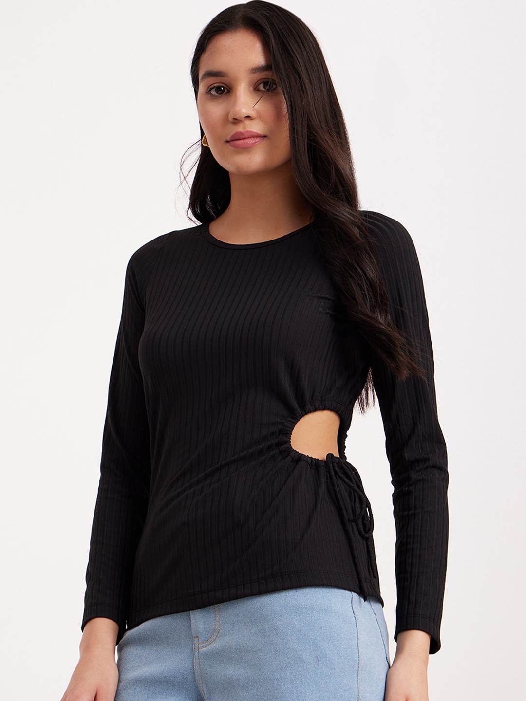 

FableStreet Round Neck Long Sleeve Cut Out Ribbed Top, Black