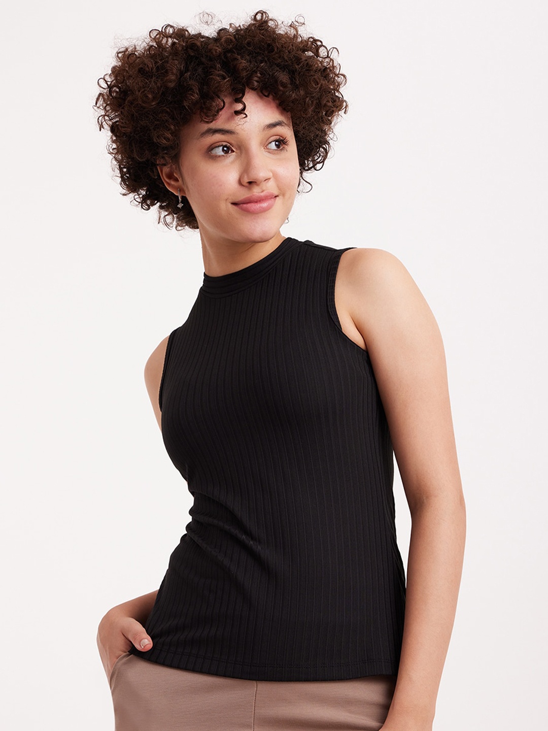 

FableStreet Ribbed High Neck Fitted Top, Black