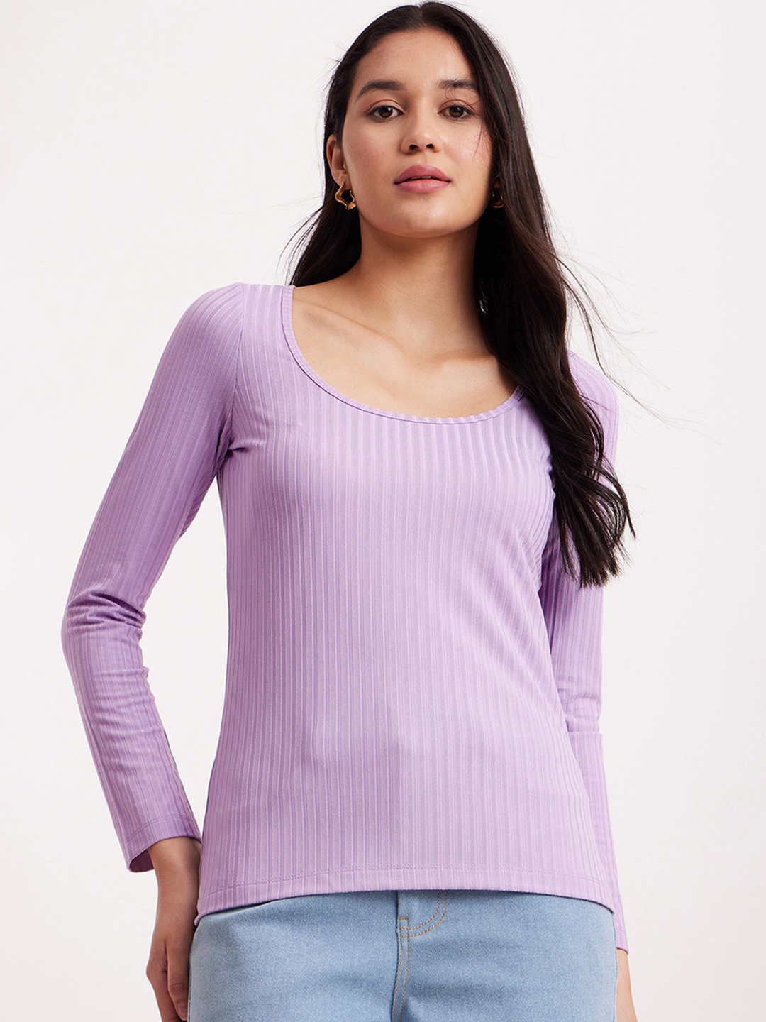 

FableStreet Scoop Neck Full Sleeve Ribbed Top, Lavender