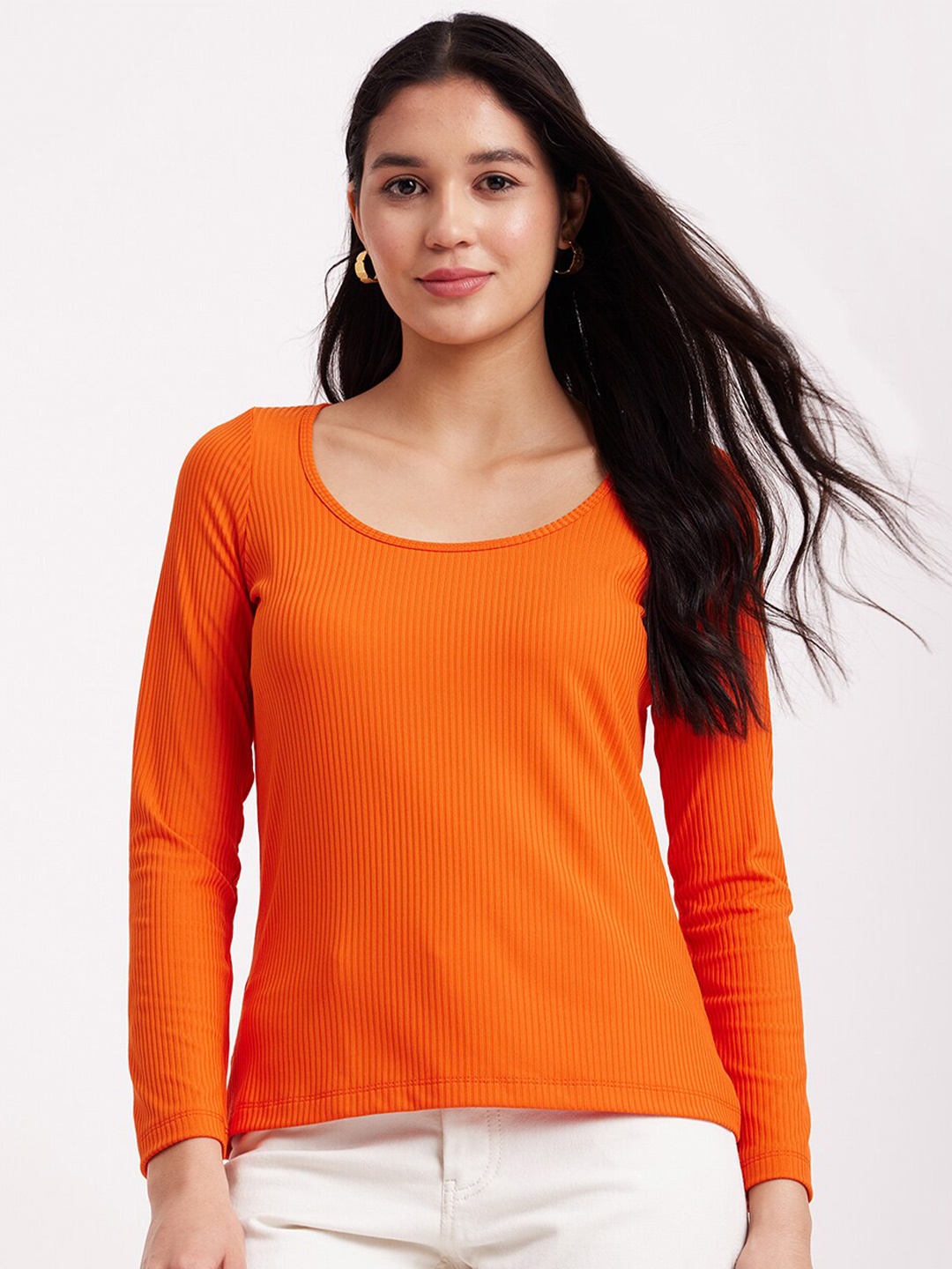 

FableStreet Scoop Neck Full Sleeve Ribbed Top, Orange