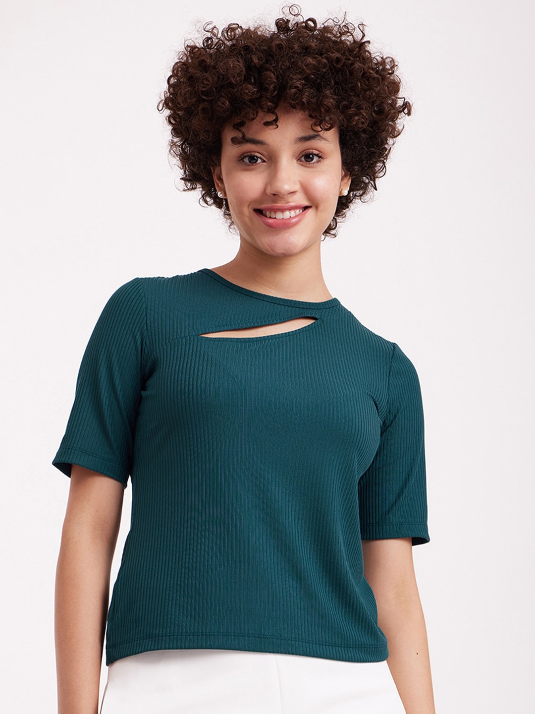 

FableStreet Boat Neck Cutout Detail Ribbed Top, Green