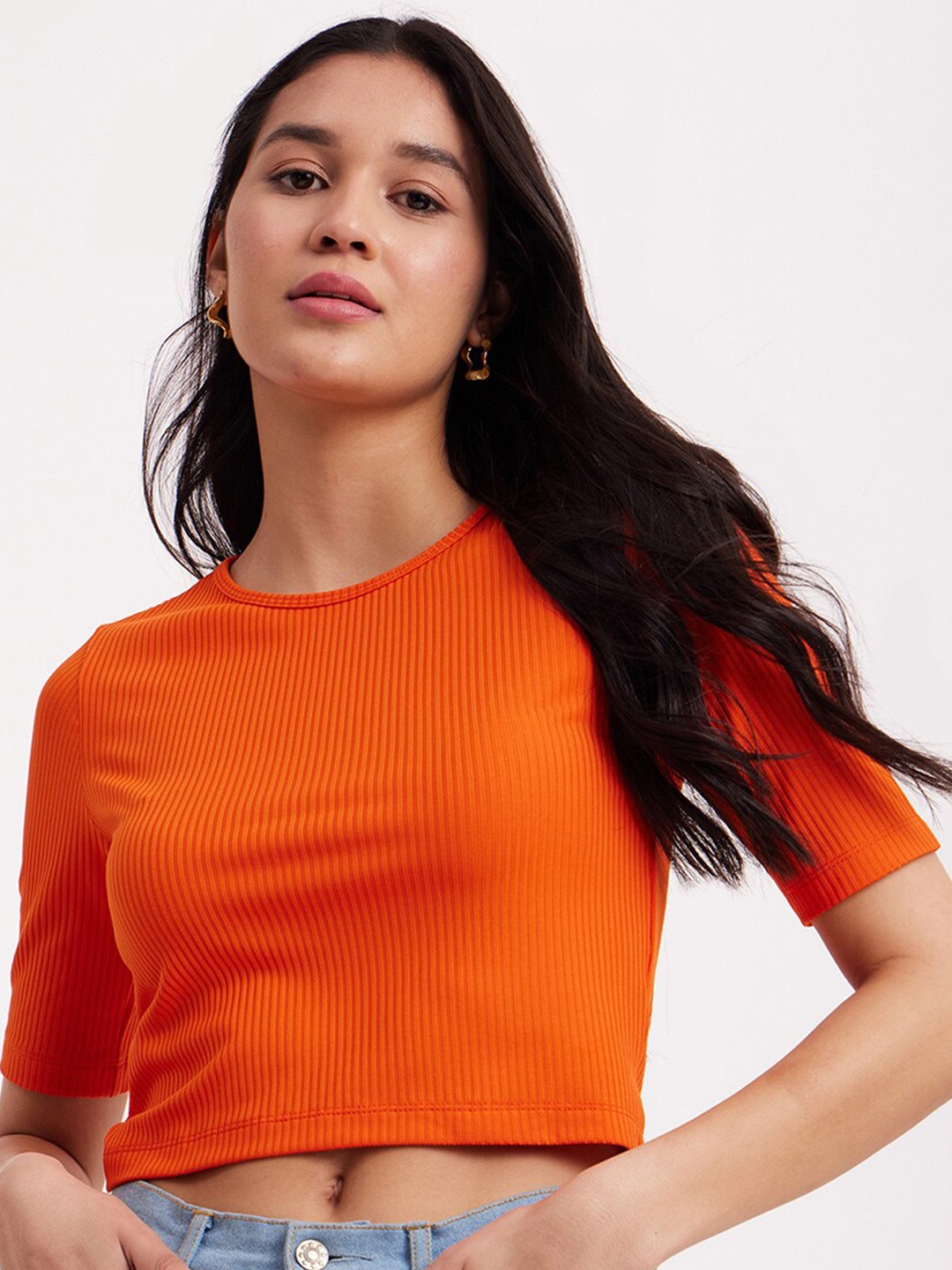 

FableStreet Round Neck Ribbed Slim Fit Cropped T-shirt, Orange