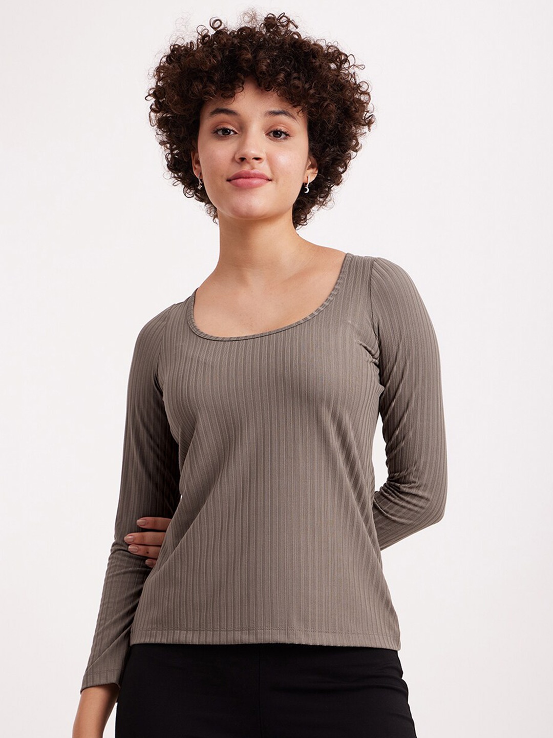 

FableStreet Scoop Neck Full Sleeve Ribbed Top, Beige