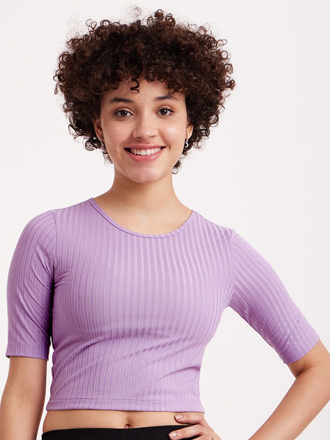 

FableStreet Round Neck Ribbed Slim Fit Cropped T-shirt, Lavender