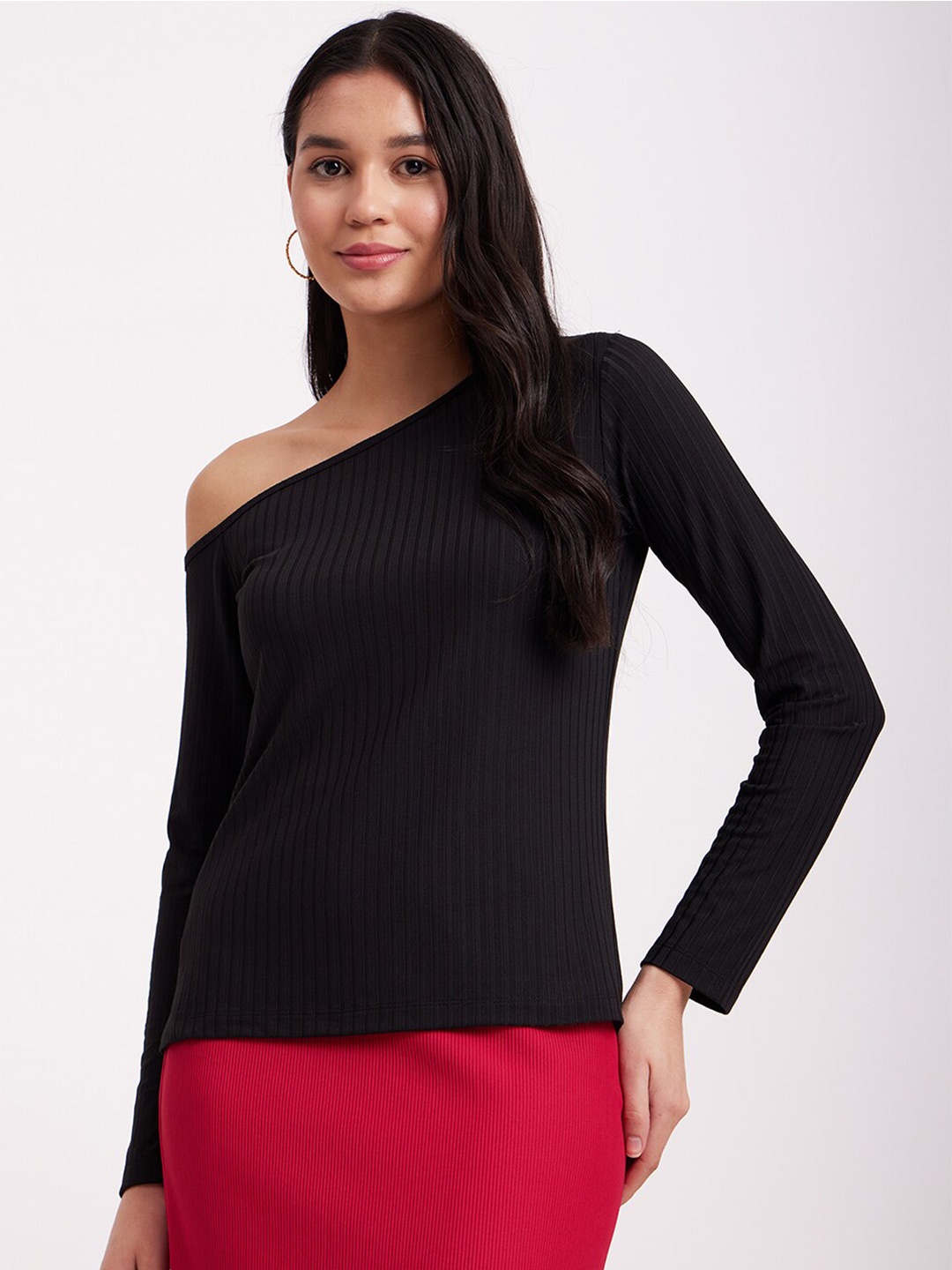 

FableStreet One Shoulder Full Sleeve Ribbed Top, Black