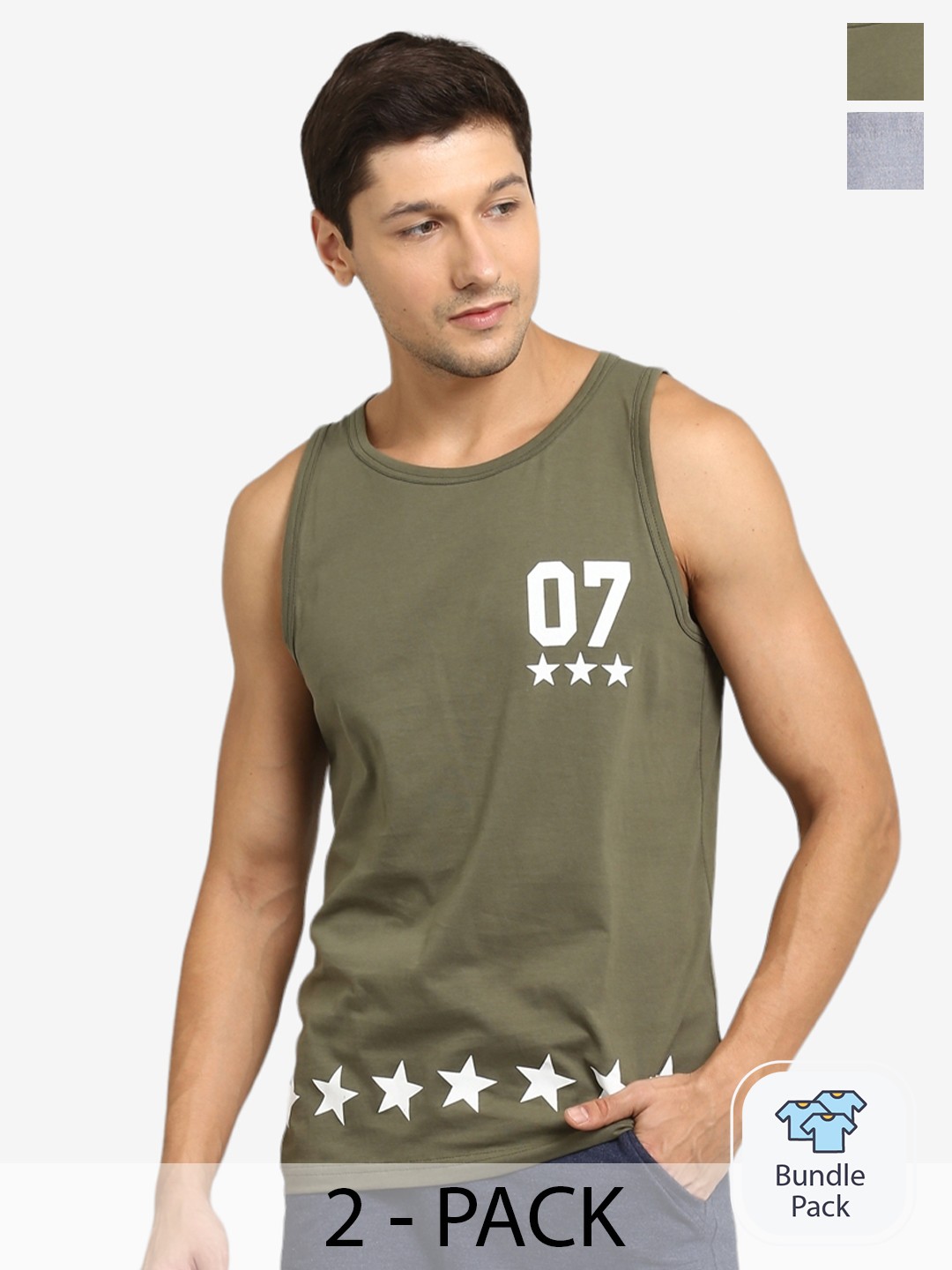 

Metronaut Pack Of 2 Striped Sleeveless Pure Cotton T-shirt, Olive