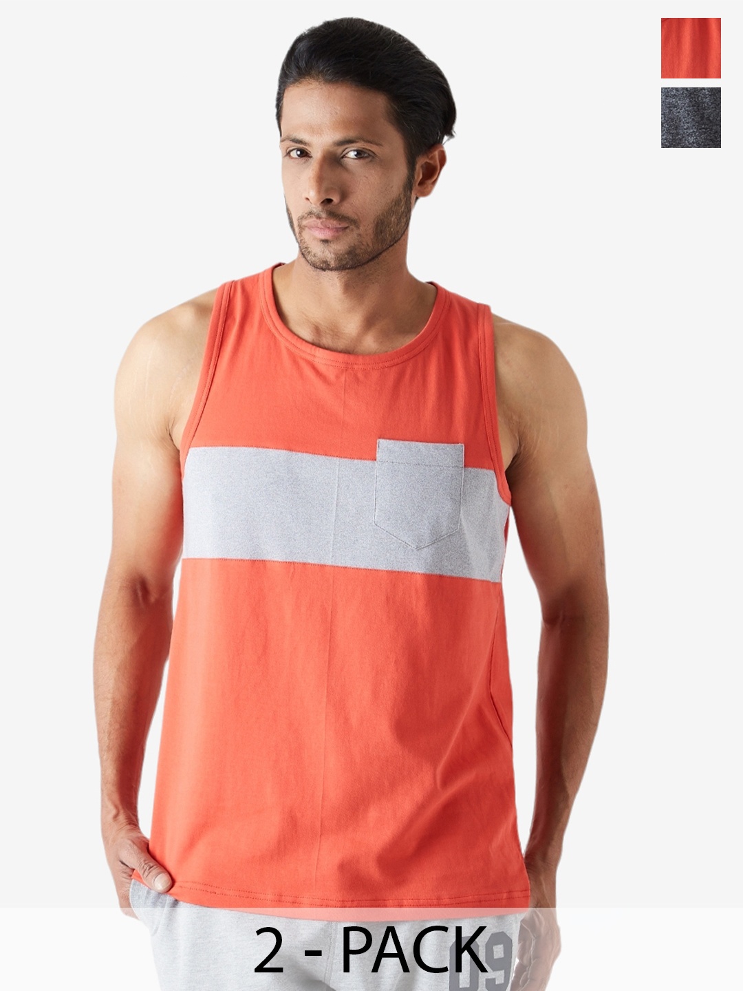 

Metronaut Pack Of 2 Colourblocked Sleeveless Pure Cotton T-shirt, Orange