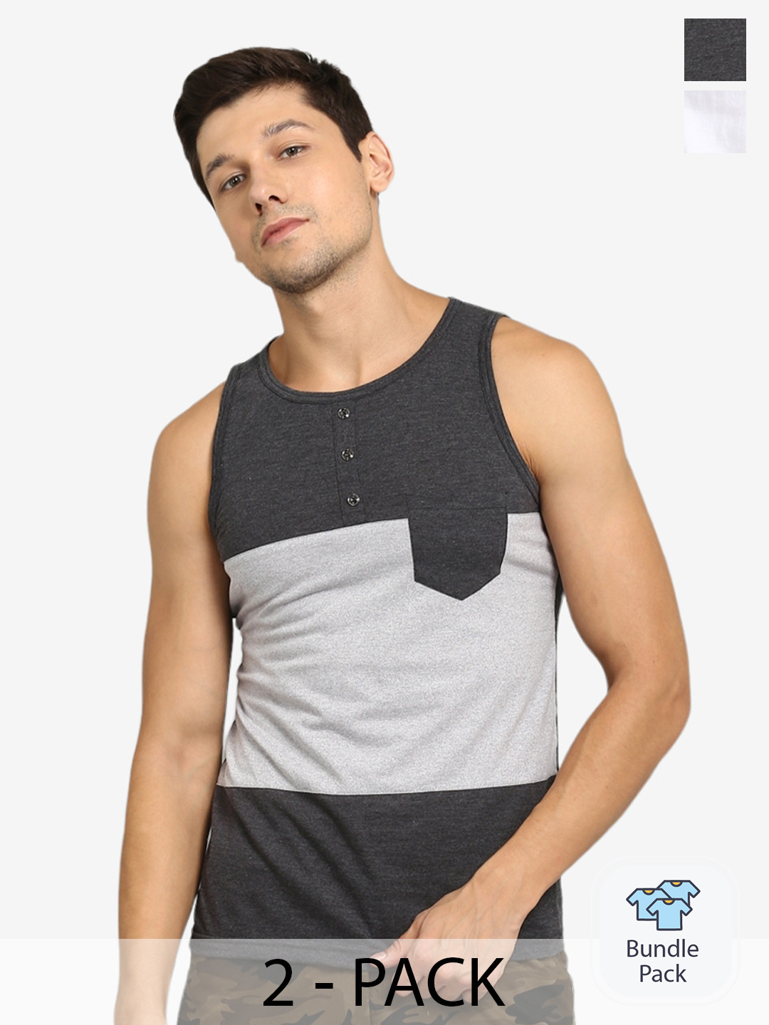 

Metronaut Pack Of 2 Colourblocked Sleeveless Pure Cotton T-shirt, White