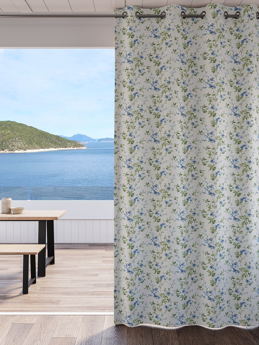 DDecor Blue & White Floral Room Darkening Long Door Curtain