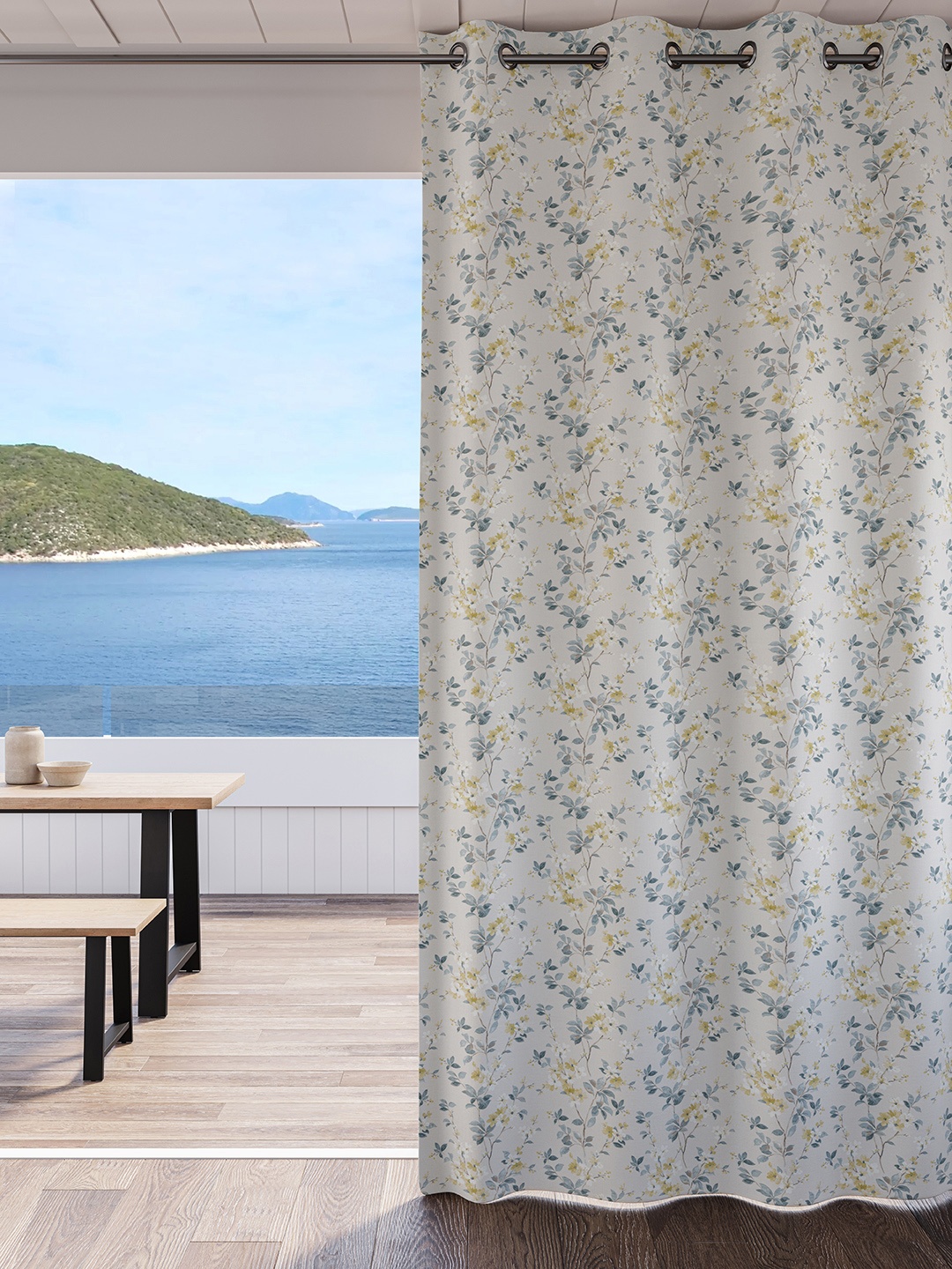 

DDecor Gold-Toned & Blue Floral Room Darkening Long Door Curtain