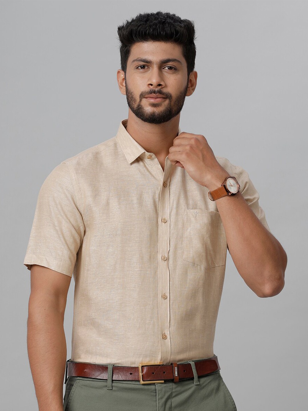 

Ramraj Tailored Fit Spread Collar Cotton Formal Shirt, Beige