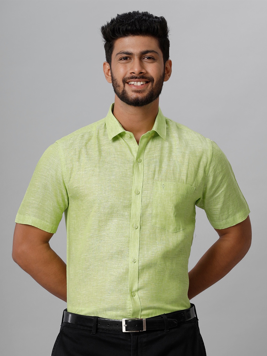 

Ramraj Tailored Fit Spread Collar Linen Formal Shirt, Green