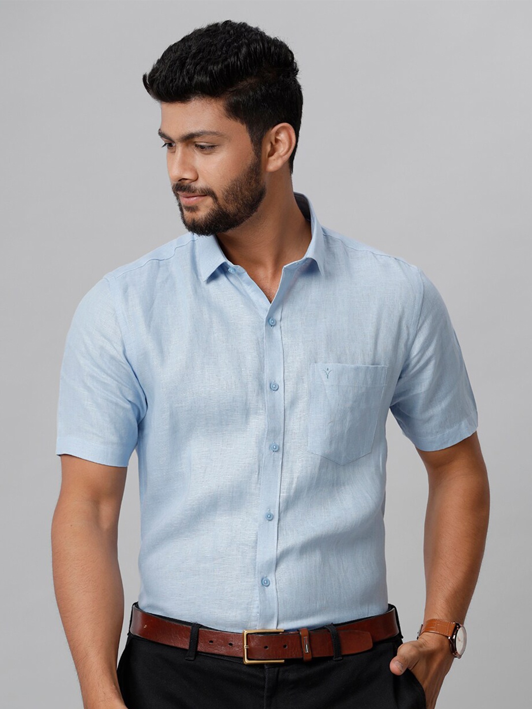 

Ramraj Tailored Fit Spread Collar Linen Formal Shirt, Blue