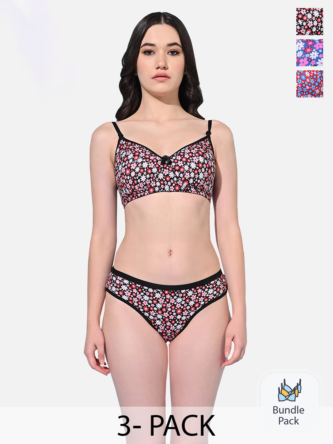 

FIMS Pack Of 3 Floral Printed Lingerie Set Sarika_Pad_Set_Packof3_B, Black