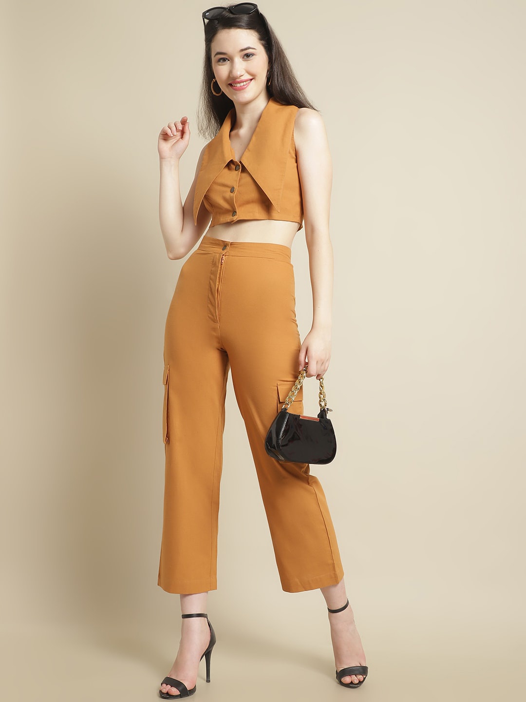 

BLANC9 Shawl Neck Crop Top With Trousers, Brown
