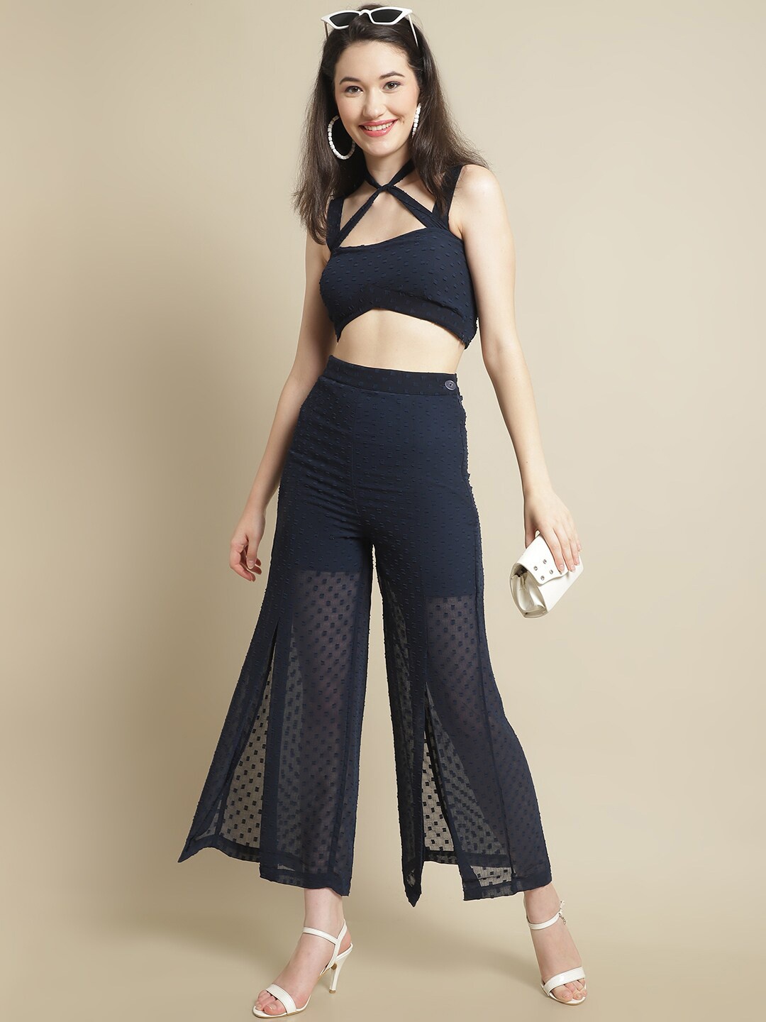 

BLANC9 Self Design Crop Top With Trousers, Navy blue