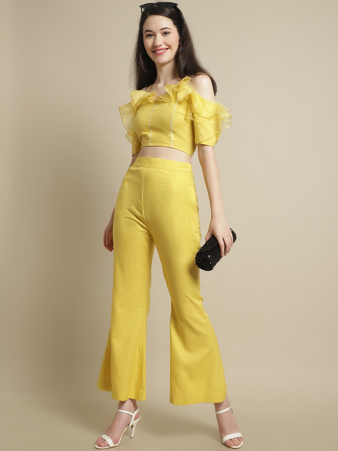 

BLANC9 Self Design Crop Top With Palazzo, Yellow