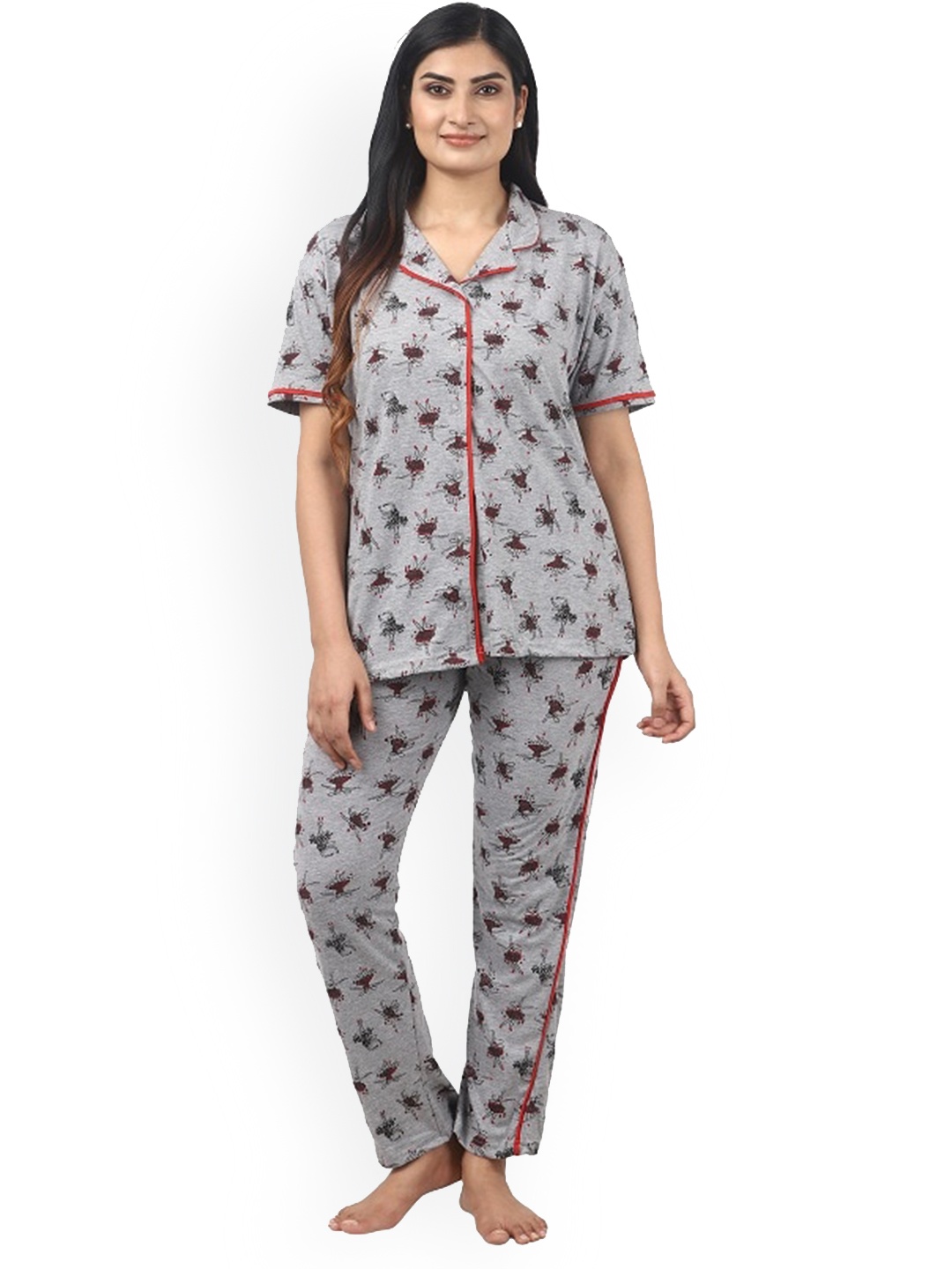 

Noty Graphic Printed Night Suit, Grey melange