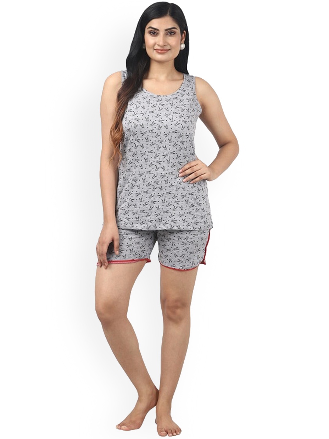

Noty Floral Printed Top With Shorts, Grey melange