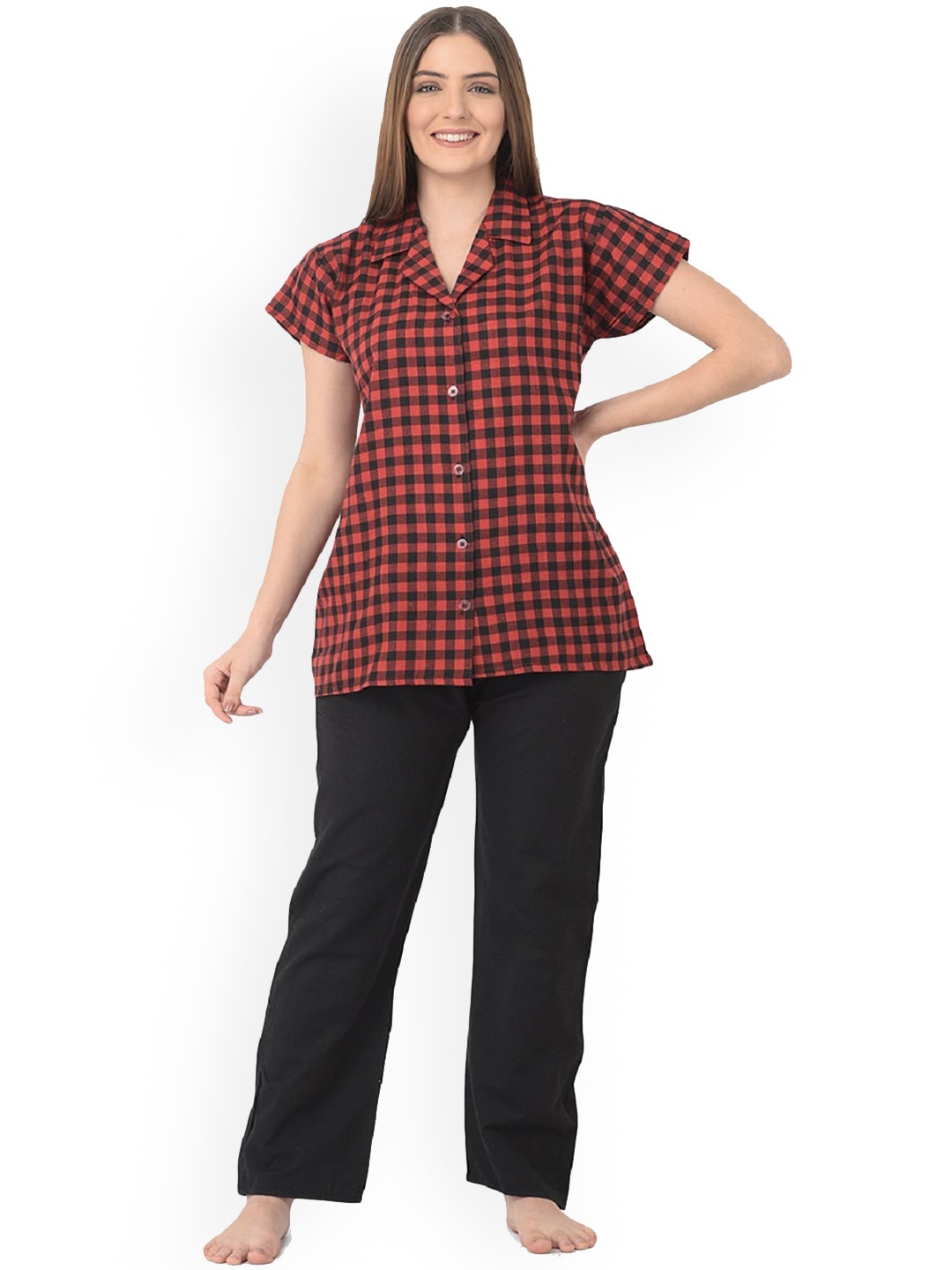 

Noty Women Checked Shirt & Trousers, Red