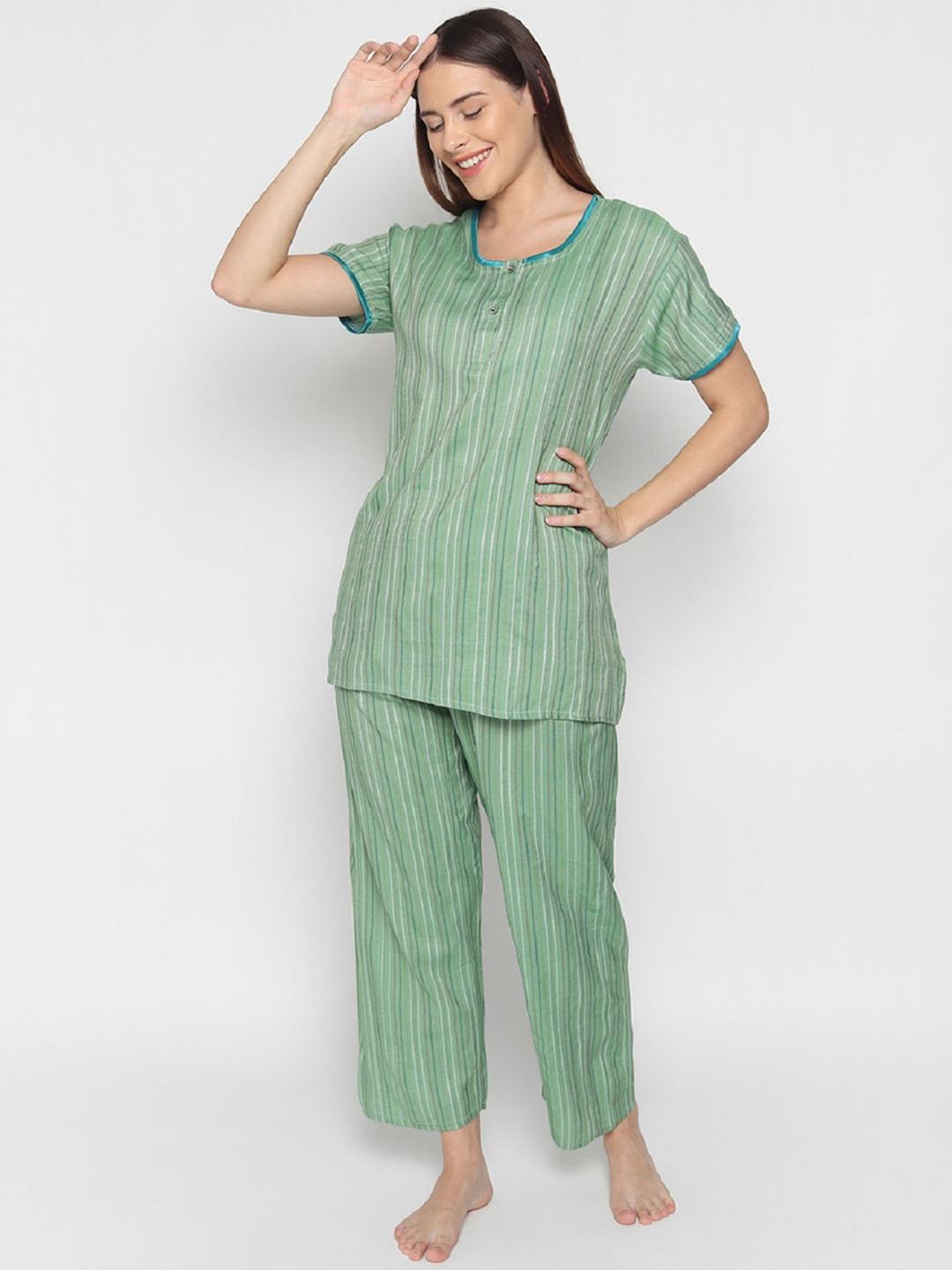 

Noty Striped Night Suit, Green