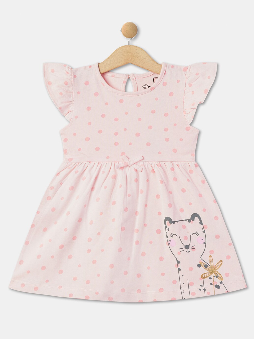 

R&B Infant Girls Polka Dots Printed Round Neck Cap Sleeves Cotton Fit & Flare Dress, Orange