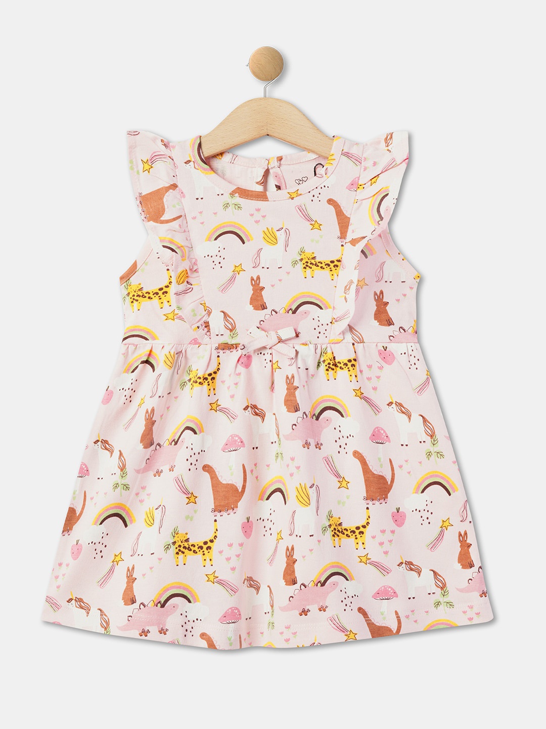 

R&B Girls Conversational Printed Ruffled Pure Cotton Fit & Flare Dress, Peach
