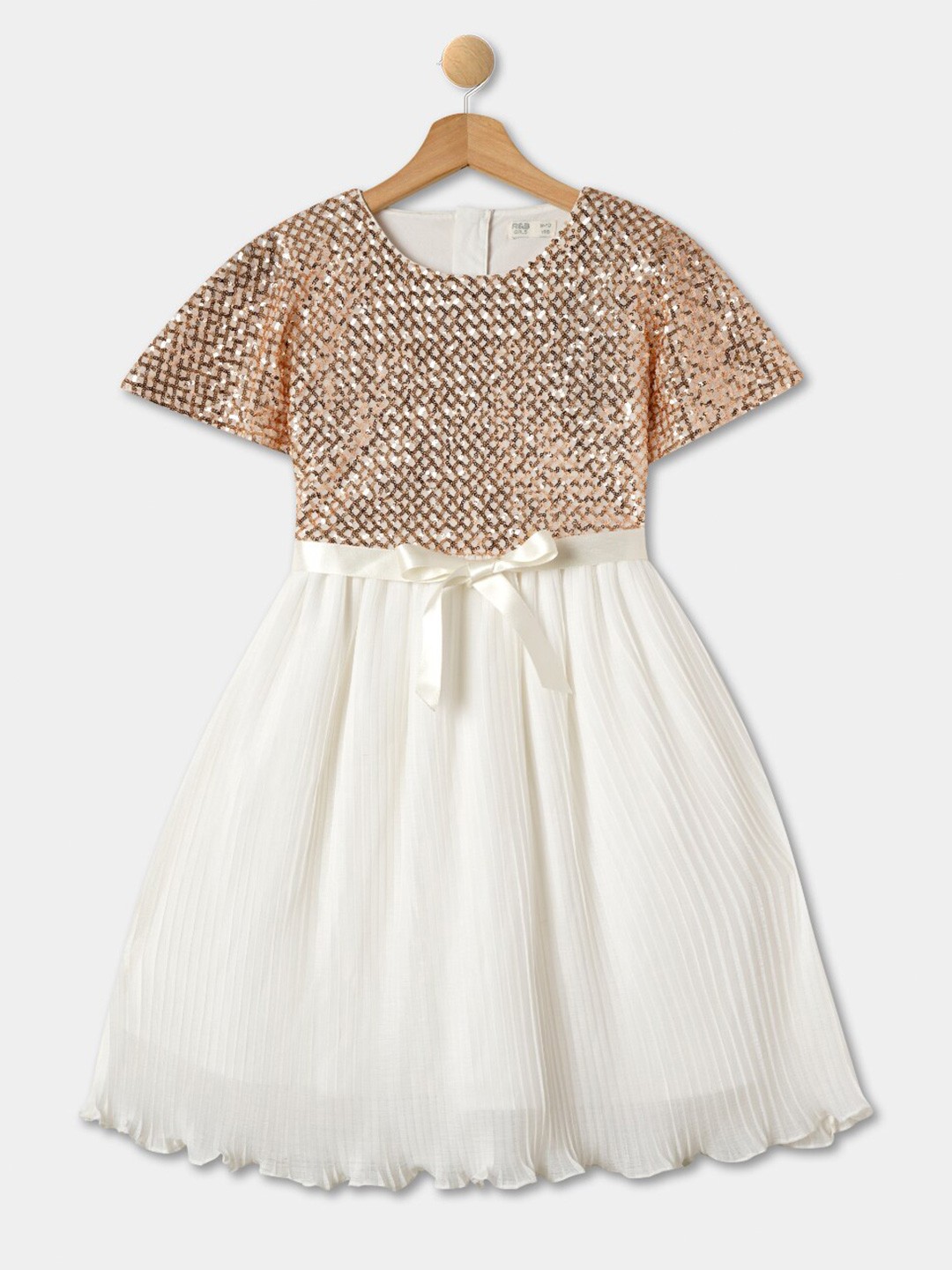 

R&B Girls Embellished Flared Sleeve Accordion Pleated Fit & Flare Dress, White