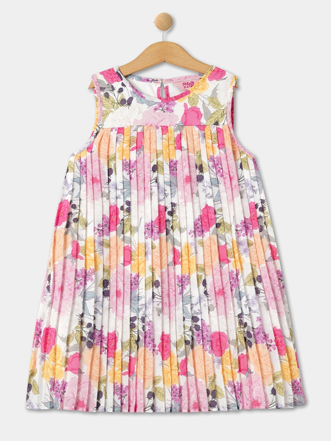 

R&B Girls Floral Printed Round Neck Sleeveless Georgette A-Line Dress, White