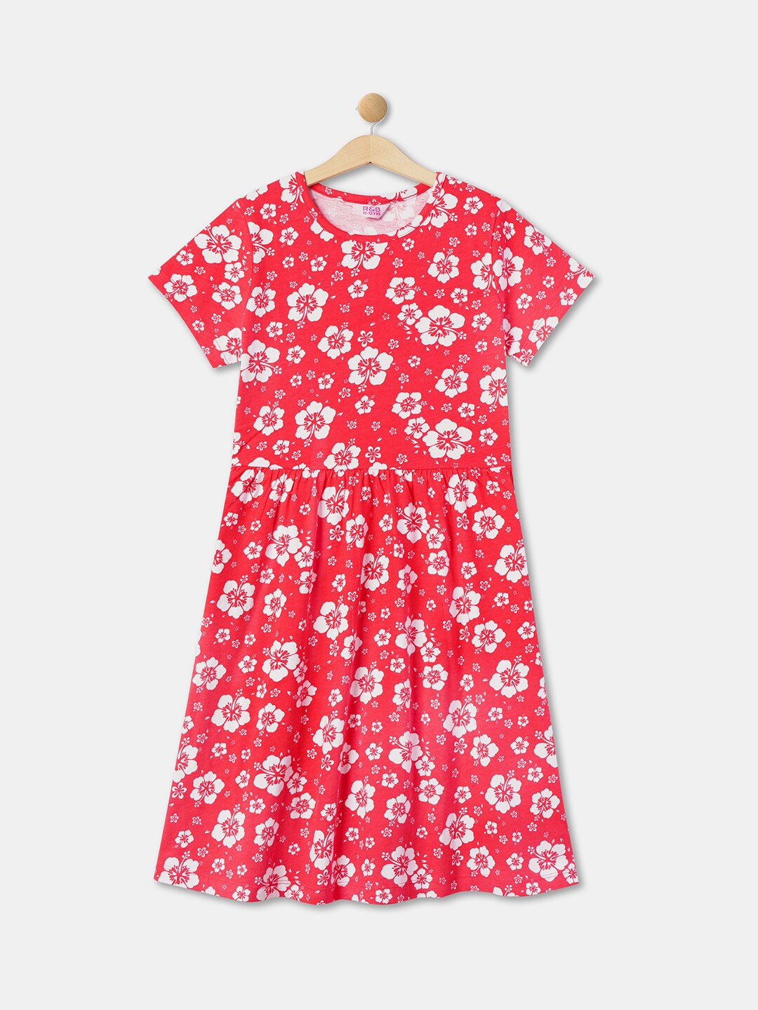 

R&B Girls Floral Printed Pure Cotton Fit & Flare Dress, Peach