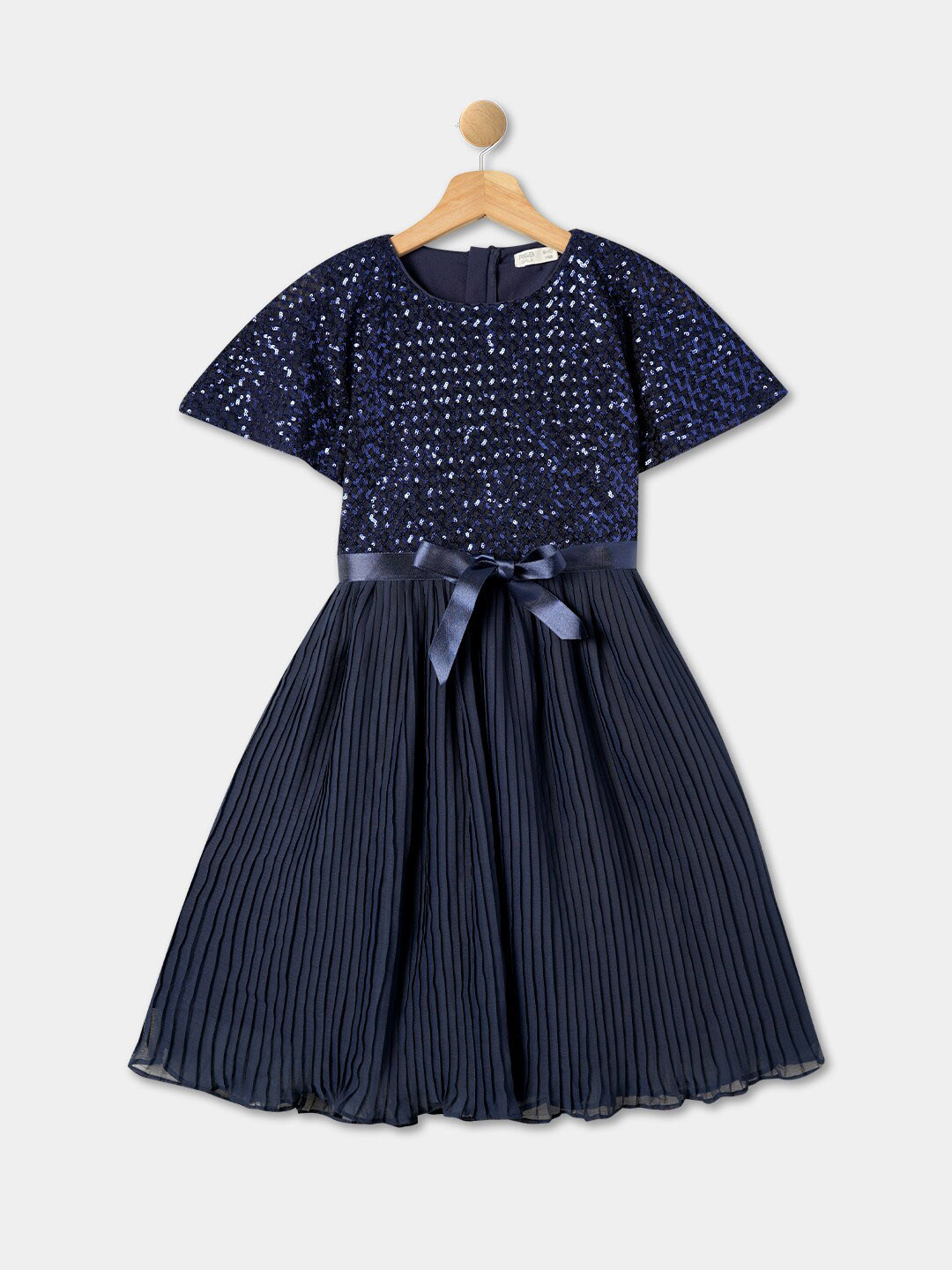 

R&B Girls Embellished Flared Sleeve Accordion Pleated Fit & Flare Dress, Blue