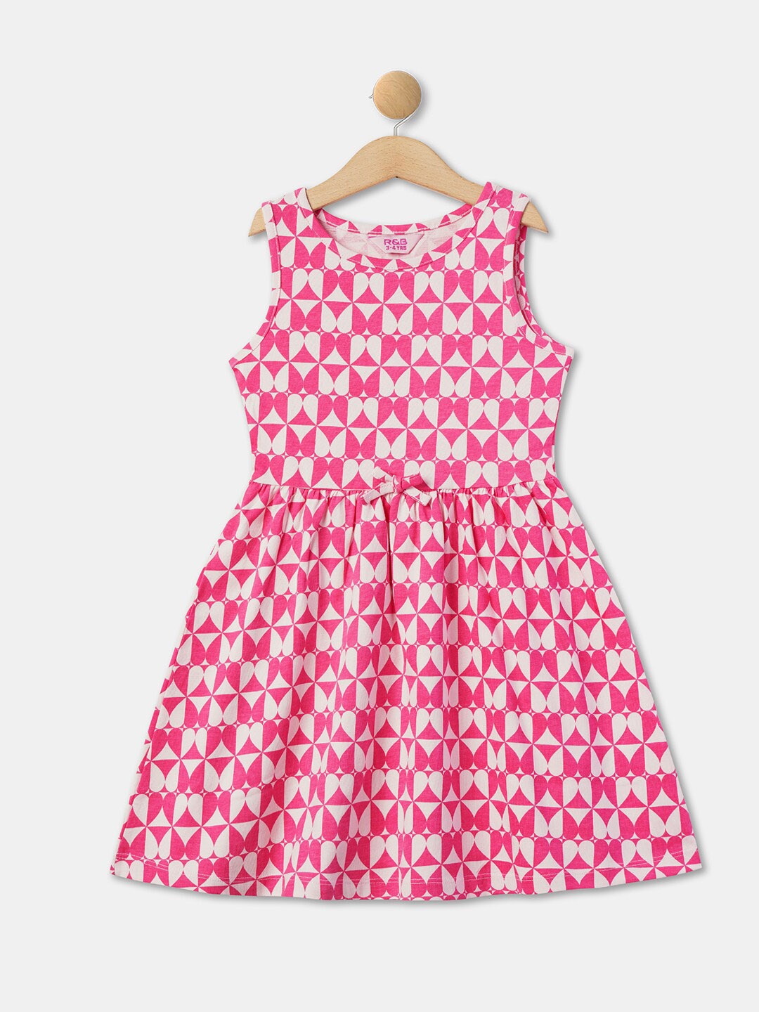 

R&B Girls Geometric Printed Round Neck Sleeveless Cotton Fit & Flare Dress, Pink