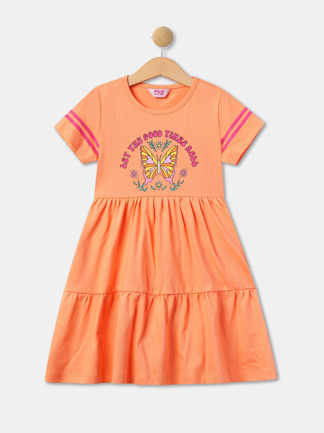 

R&B Girls Graphic Printed Tiered Pure Cotton Fit & Flare Dress, Orange