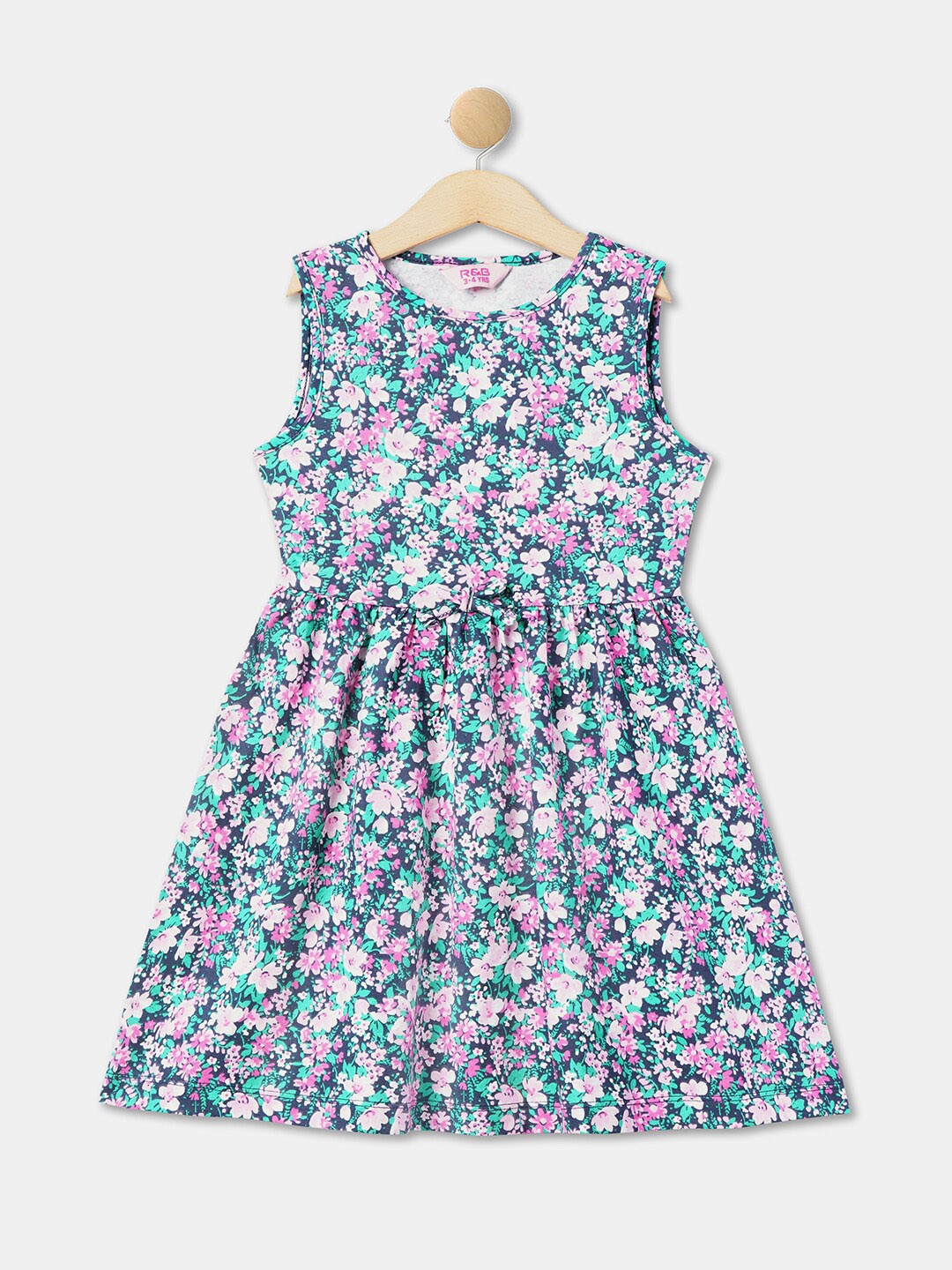 

R&B Girls Floral Printed Pure Cotton Fit & Flare Dress, Blue