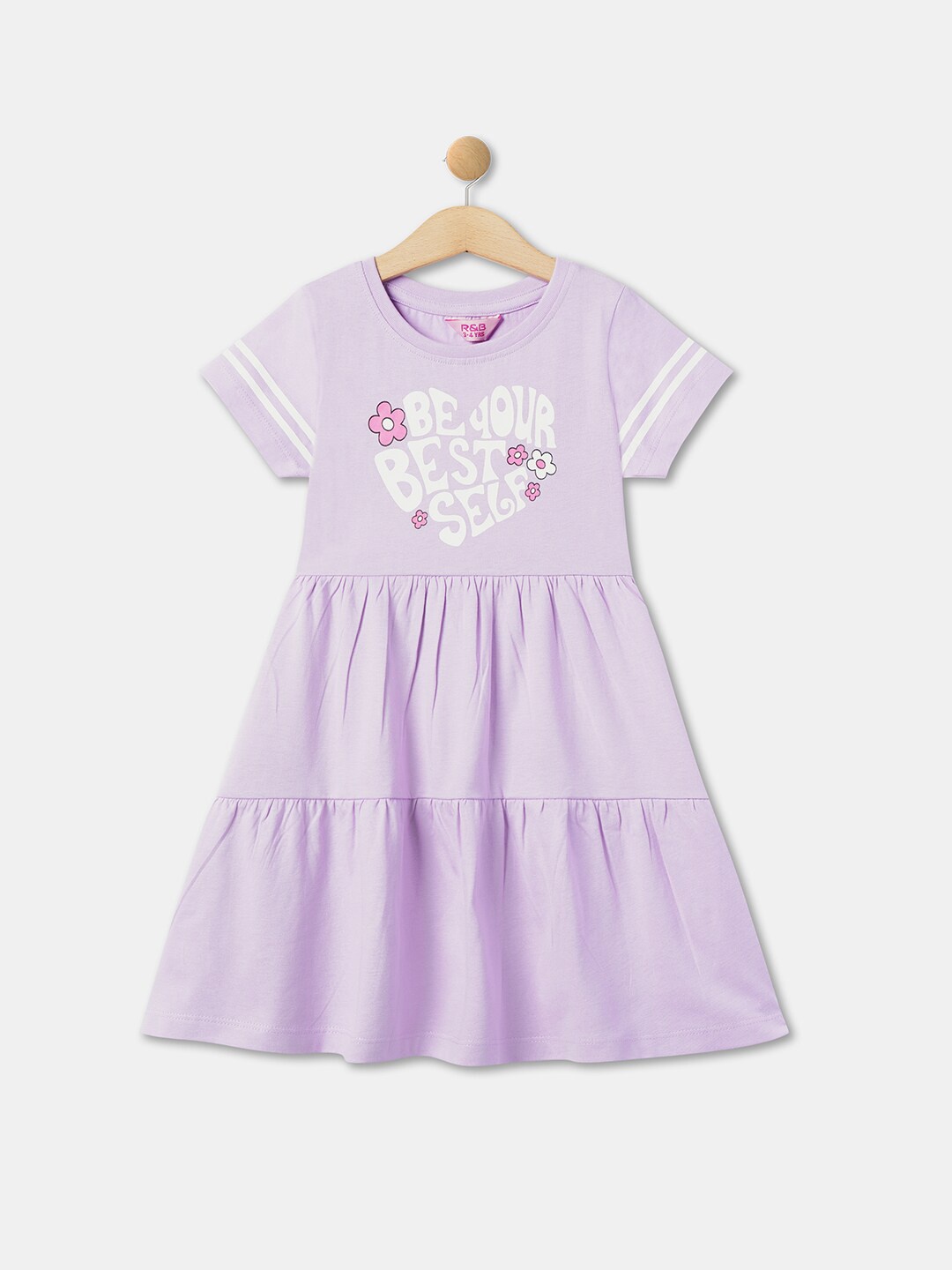 

R&B Girls Typography Printed Tiered Pure Cotton Fit & Flare Dress, Purple