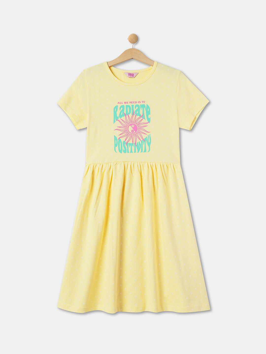 

R&B Girls Graphic Printed Pure Cotton Fit & Flare Dress, Yellow