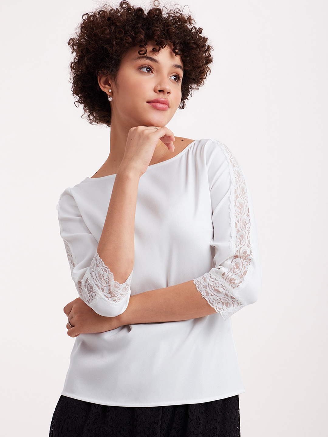 

FableStreet Self Design Boat Neck Lace Top, White
