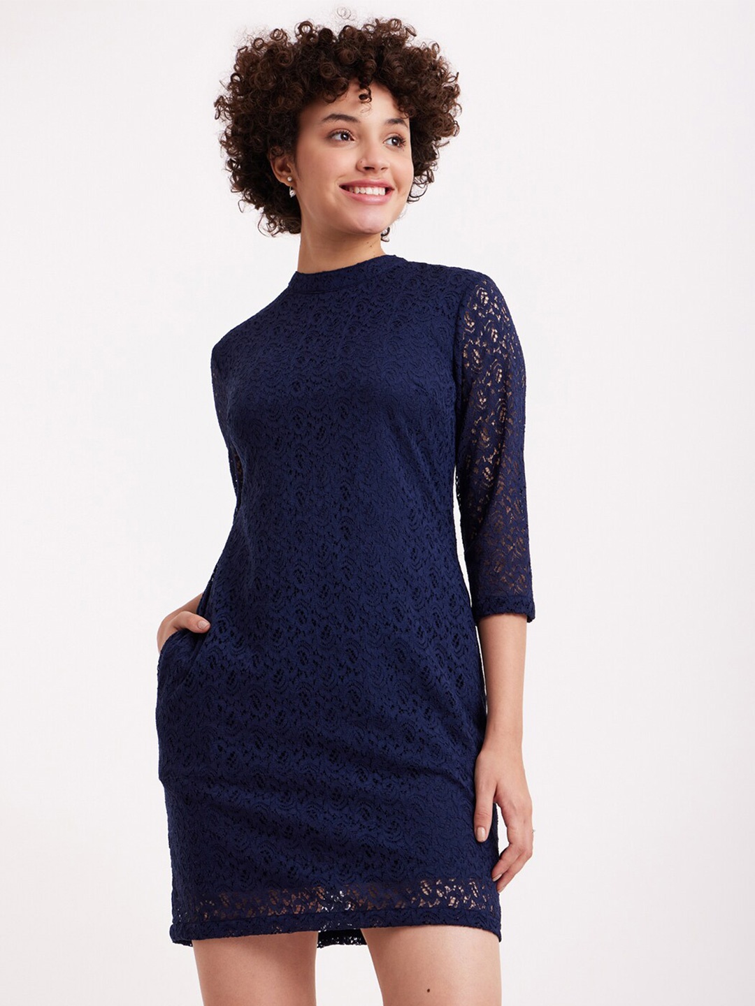 

FableStreet Round Neck Lace Mini Casual Sheath Dress, Navy blue