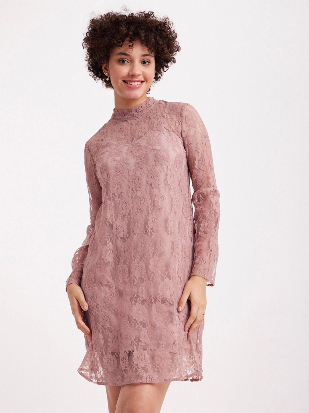 

FableStreet Round Neck Bell Sleeves Lace Mini Casual Sheath Dress, Pink