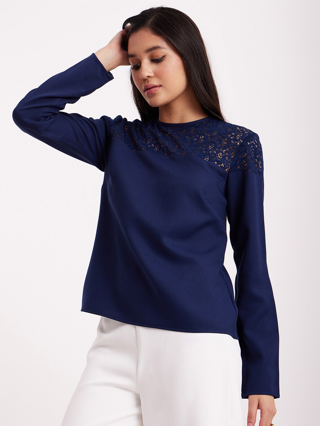 

FableStreet Round Neck Long Sleeve Lace Top, Navy blue